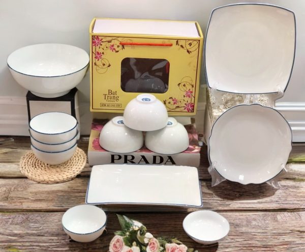 Bộ đồ ăn Men Trắng Chỉ Xanh Mẫu 01 | Vua Bát Đĩa